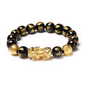 Feng Shui Black Obsidian Pixiu Wealth Bracelet Elastic Buddha Beads Unisex